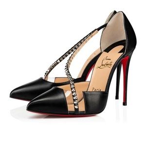 Size 37 Christian Louboutin Black Spike Cross Pvc Strappy Sexy C683 Pumps.